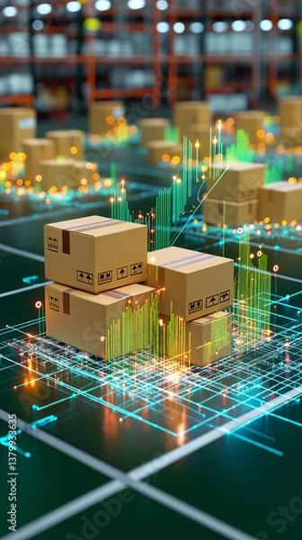 Fototapeta Digital Distribution Hub: Packages and data lines illuminate the cutting-edge world of logistics, showcasing modern warehousing with glowing technology and data visualization.