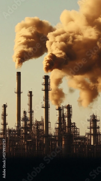 Fototapeta Industrial Emission: An imposing industrial landscape, chimneys spew thick, billowing clouds of smoke, raising questions about environmental impact and the cost of progress.