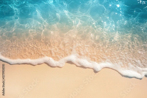 Obraz Aerial view of sandy shoreline with clear blue waves and sunlight