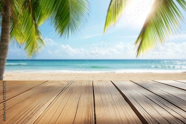 Obraz Empty Wooden Tabletop Overlooking Tropical Beach Scene