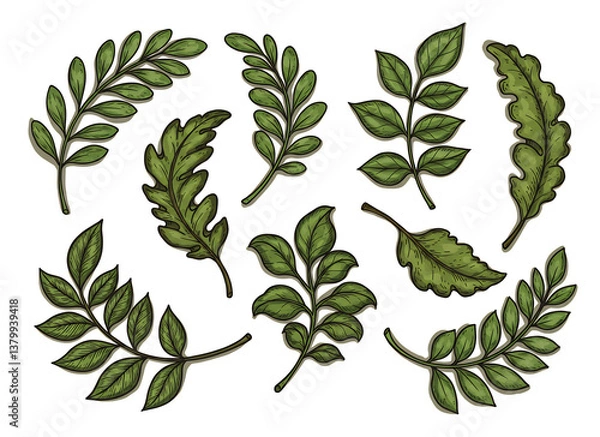 Fototapeta 緑葉 手描き 水彩風 イラスト素材