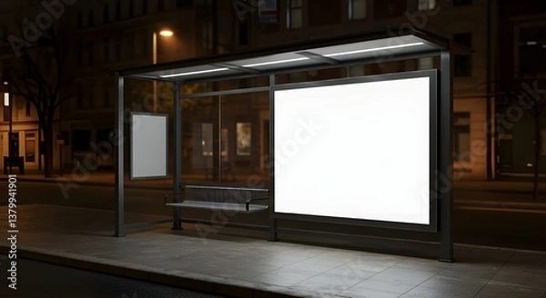 Fototapeta Blank Illuminated Advertisement Mockup in City Bus Stop Shelter at Night - Side Angle View Urban OOH Template