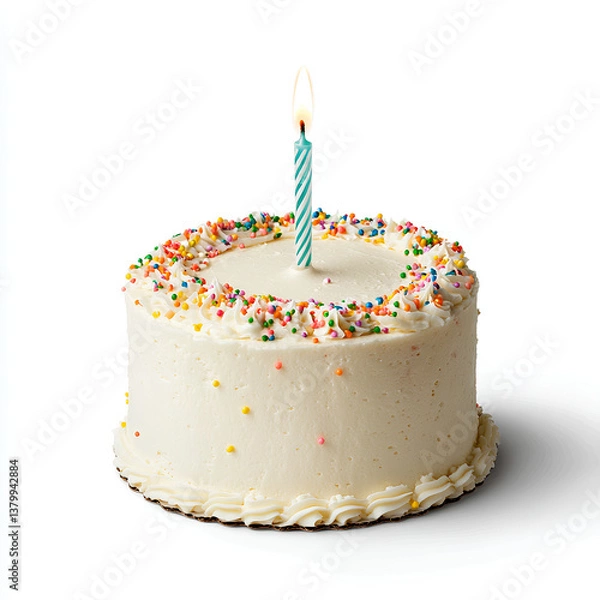 Fototapeta A single-layer vanilla birthday cake with smooth white frosting,