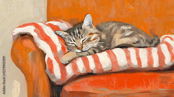 Fototapeta Cute cat lying on sofa