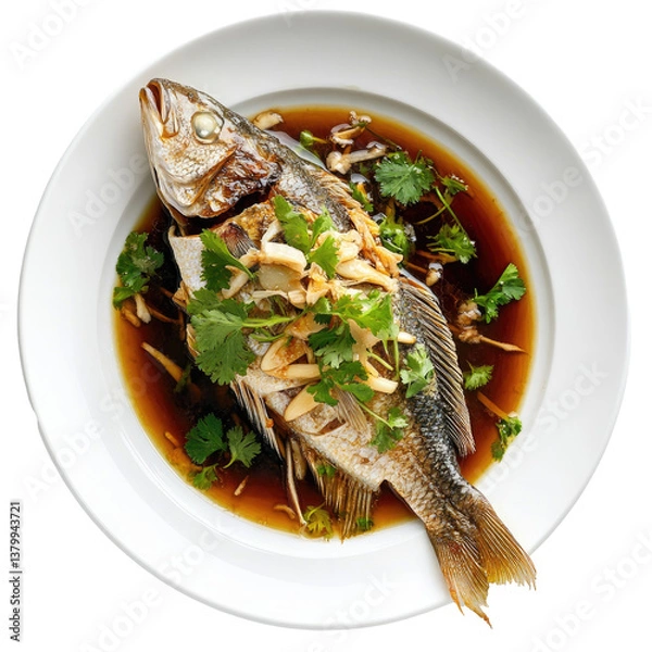 Obraz Soy Ginger Steamed Fish on transparent background
