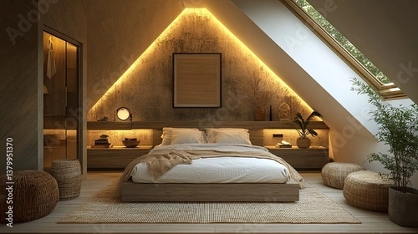 Fototapeta Cozy and stylish modern attic bedroom featuring sleek furniture, soft lighting, and a peaceful vibe. 