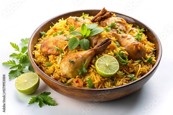 Obraz A large bowl of chicken biryani with fresh lemon on white background