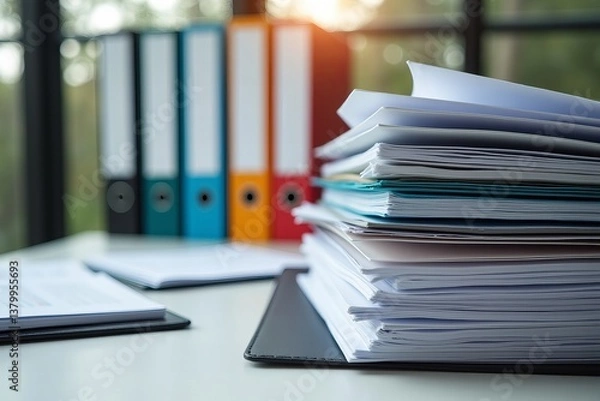 Fototapeta Efficient Compliance: An Organized Desk with Labeled Folders, Files, and Binders in a Business Office