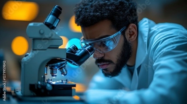 Fototapeta Focused scientist looks through microscope in lab