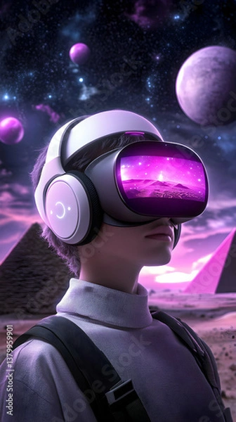Fototapeta Person Wearing VR Headset Exploring a Futuristic Desert Landscape with Pink and Purple Planets