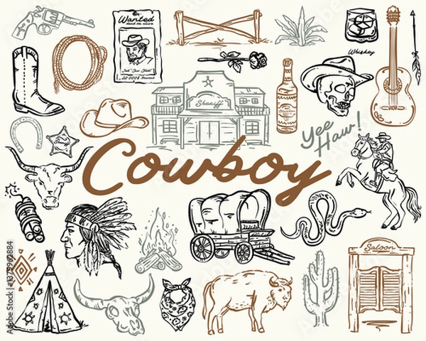 Obraz Cowboy Whimsical Hand Drawn Set