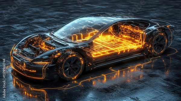 Fototapeta Cutaway technical illustration of electric vehicle battery pack with exposed cooling channels and cell arrangement, featuring holographic energy flow visualization.