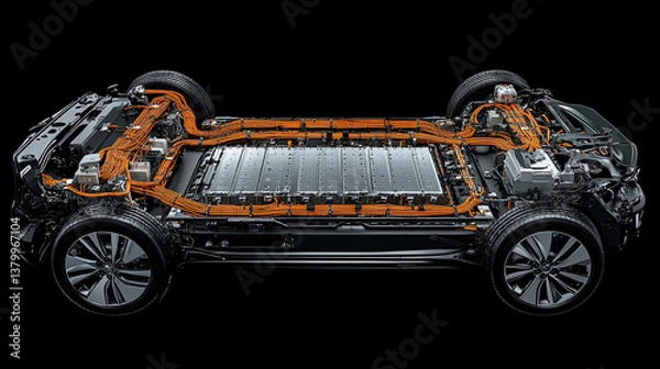 Fototapeta Cutaway technical illustration of electric vehicle battery pack with exposed cooling channels and cell arrangement, featuring holographic energy flow visualization.