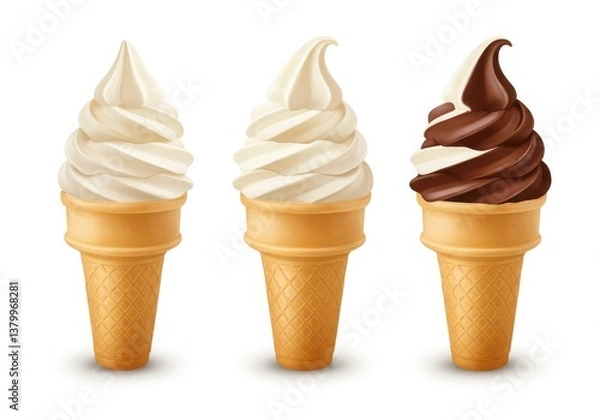 Fototapeta Three ice cream cones standing side by side with different flavors on a white background isolated image