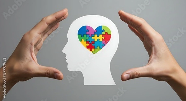 Fototapeta Prompt:

"A conceptual image representing emotional intelligence and mental well-being. A pair of hands gently holds a white silhouette of a human head. Inside the head, a heart-shaped puzzle with mul