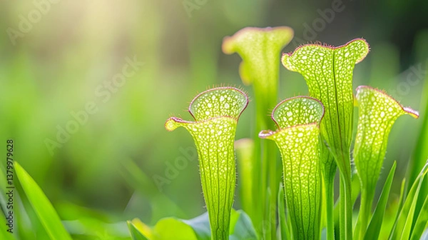 Fototapeta Carnivorous plants with unique pitcher shapes, vibrant green color, and delicate textures thrive natural setting