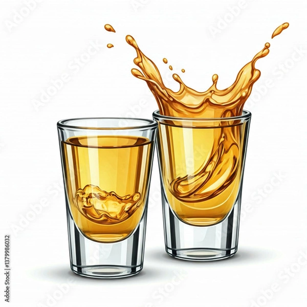 Fototapeta golden liquid splashing into glass shot glass on white background