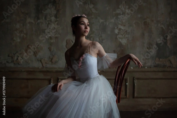 Fototapeta Portrait of a beautiful ballerina sitting on a chair.