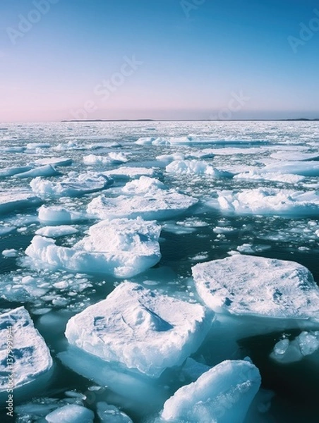 Obraz A vast expanse of ice in the ocean, with many large chunks of ice scattered throughout the water. Concept of isolation and emptiness, as the ice blocks seem to be floating aimlessly in the open sea