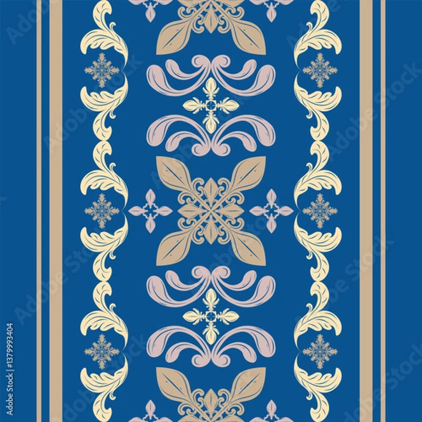 Fototapeta Opulence Pattern Elegance Florals Embroidery Silk Weaves Handicraft Design with Gold on Royal Blue Background. Grand Seamless Border Design for Luxury Decorative Hand drawn Textiles Stripe Apparel Rug