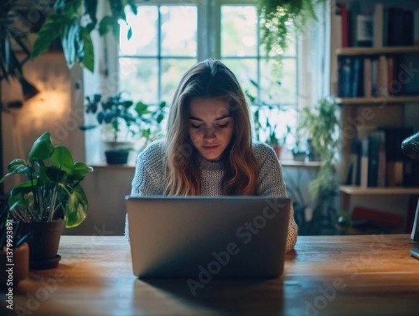 Fototapeta A woman is sitting at a desk with a laptop in front of her. She is looking at the screen with a serious expression. The room is filled with plants and books, creating a cozy and comfortable atmosphere