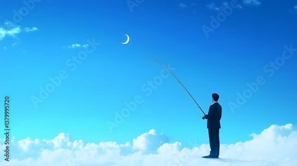 Obraz A Businessman Fishing Above the Clouds, with a Bright Blue Sky. Surreal Businessman Fishing Above the Clouds in a Dreamlike Sky