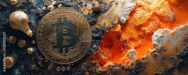 Obraz Conceptual collage of cryptocurrency Bitcoin coin, golden bulb, and volcanic texture in black and fiery orange palette, perfect for fintech editorials, crypto mining ads, or economic trend visualizati