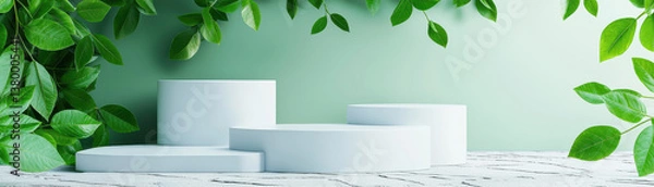 Obraz Minimalist composition with circular white podiums surrounded by fresh green leaves.