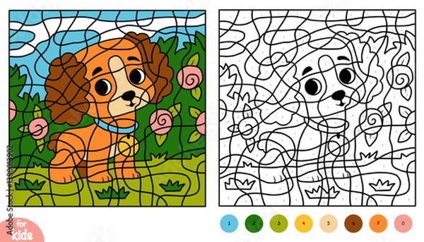 Fototapeta Color by number, education game for kids, Cavalier King Charles Spaniel