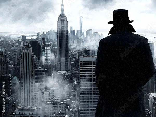 Fototapeta Silhouette of a Man in a Dark Coat Overlooking a Foggy Cityscape