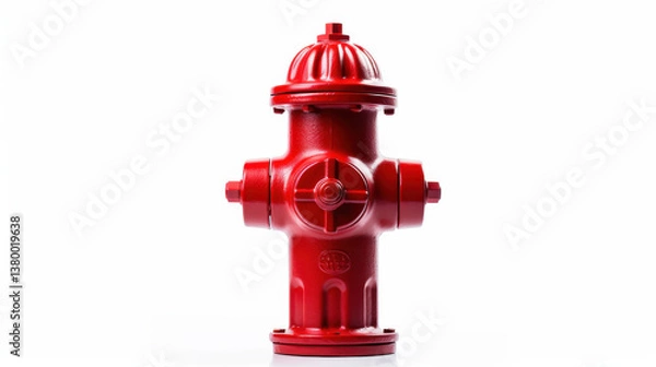 Fototapeta A red fire hydrant is prominently featured against a pure white background. Its bold color and distinct features highlight its functional purpose and design contrast
