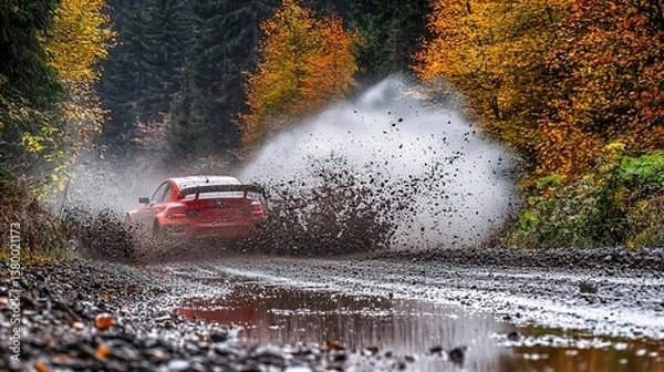 Fototapeta A red race car speeds through a muddy puddle of water
