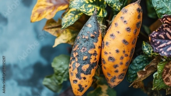 Fototapeta Two oblong fruits displaying blemishes near colorful surrounding leaves