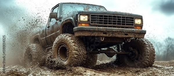 Fototapeta A large truck driving vigorously through muddy and wet terrain