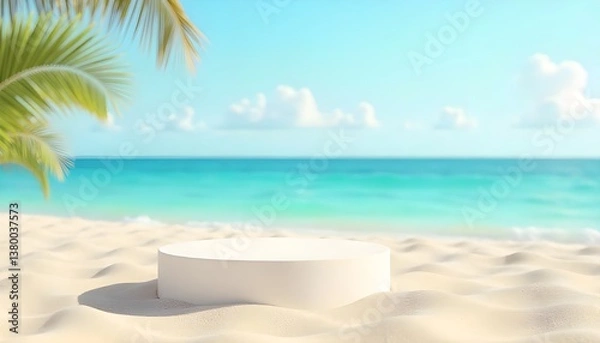 Fototapeta A 3D beach podium set against a summer backdrop, with soft sand and the sea in the distance, creating an ideal display platform for products with a refreshing coastal vibe