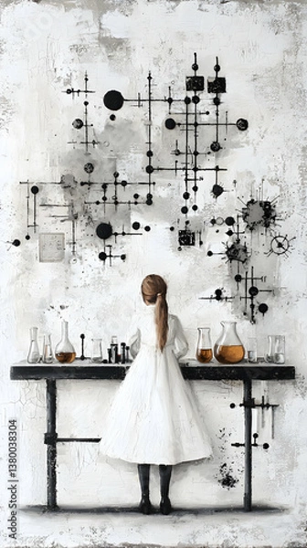 Fototapeta Young Girl Scientist in White Dress Conducting Experiment in a Laboratory