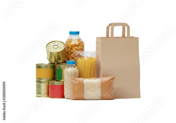Fototapeta Bundle of non-perishable food items in a grocery bag for donation on white background