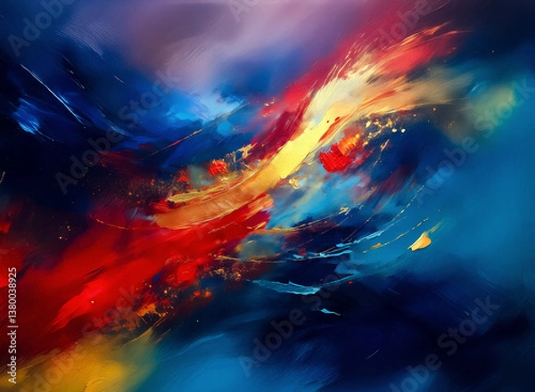 Fototapeta Image depicts a vibrant, abstract art composition. Hints of swirling colors create an energetic feeling. A mix of color fields and paint splatters make the piece dynamic and chaotic.
