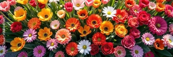 Fototapeta Panoramic view of a colorful mix of spring flowers like tulips and daisies, spring, Easter background