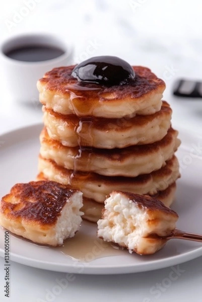 Fototapeta Stack of cottage cheese pancakes with syrup dripping and dark berry jam topping, pancakes steaming in cozy breakfast scene, pancakes inviting morning comfort, pancakes ideal for recipe blog.