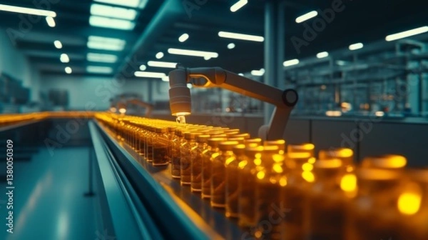 Obraz A robotic arm is filling supplement bottles on a production line, illuminated by bright fluorescent lights in a pharmaceutical facility, showcasing advanced automation