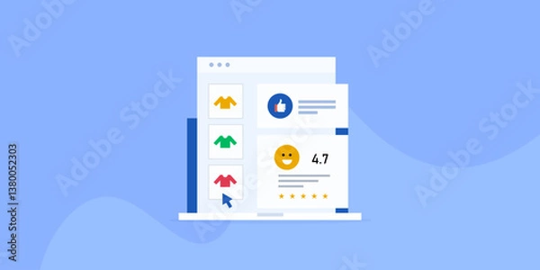 Fototapeta Ecommerce product quality, online shopping experience and customer review rating display on laptop screen, e-business brand concept.