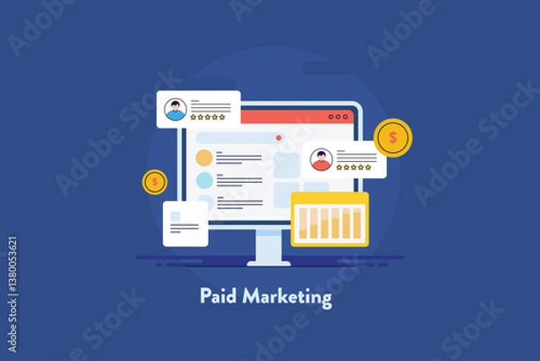 Fototapeta Business using paid media advertising network reach more audience and customers online. Digital advertising campaign analytics, search marketing and social media ads concept.
