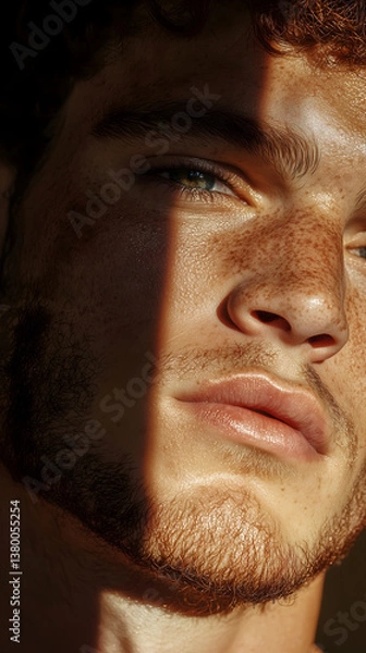 Obraz Close-up of young male face with freckles and clear skin in natural light, ideal for cosmetics, skincare, or health product advertisements.