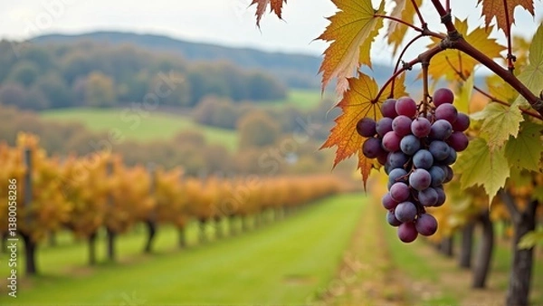 Fototapeta Majestic view of purple grapes dangling from lush vines, contrasting against a serene autumn vineyard landscape with rolling hills and vivid foliage.