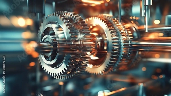 Obraz A cinematic shot of spinning gears inside a complex machine, motion blur emphasizing rotation