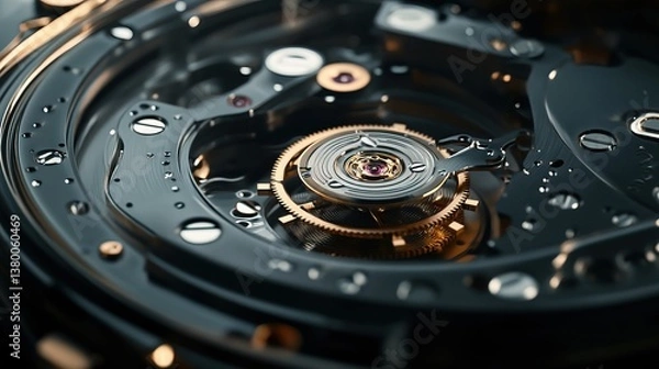 Fototapeta A complex gear system inside a mechanical watch, small precision gears working in harmony
