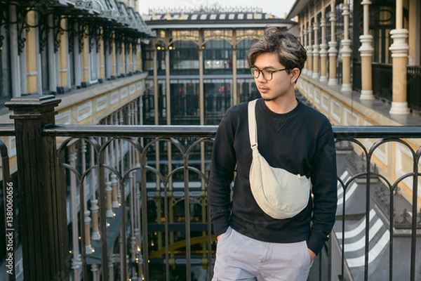 Obraz Stylish Asian man standing on a balcony inside a modern shopping arcade in Hanoi, Vietnam, wearing a black sweatshirt and crossbody bag during his travels.