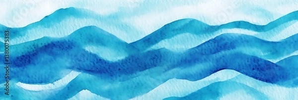 Fototapeta Blue green watercolor pattern with wavy stripes. Abstract water surface. Flow. Artistic background, backdrop with copy space for design. Wide banner. Panoramic

