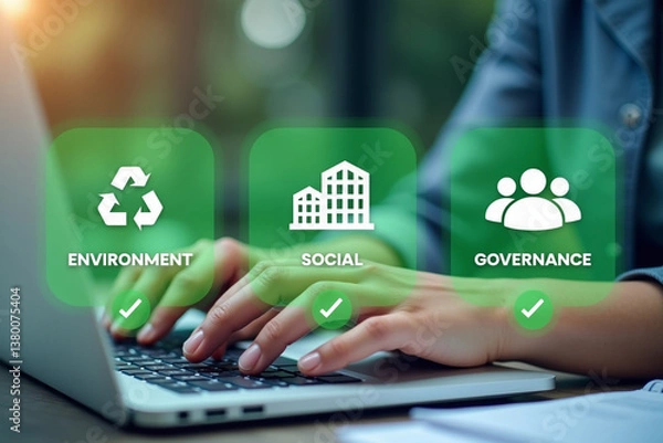 Obraz ESG and Green Business Concepts, Environmental, Social, and Net Zero Goals, Governance, Renewable Energy Solutions, and Corporate Sustainability for Ethical Growth and Environmental Conservation.
